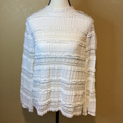 NWOT by TiMo Long Sleeve off-white Lace Top, Size Large, High Neck, Zip up back