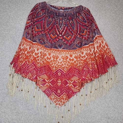 Chicos Phoebe Poncho Linen Sheer Gauzy Beaded Fringe Southwestern Hippie Boho OS - Picture 4 of 6