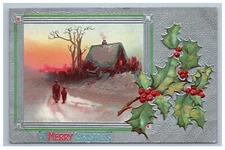 Early Merry Christmas Gorgeous Postcard Winter Scene Holly Embossed Silver Gild