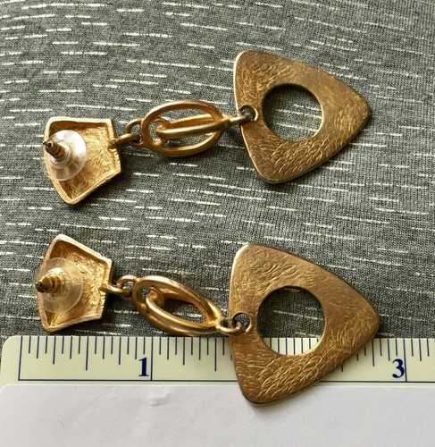 Runway Long Geometric Hoop Hammered Earrings Artisan Gold tone pierced Statement - Picture 3 of 3