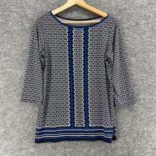 Max Studio Blouse Women M Medium Black Geometric 3/4 Sleeve Pullover Casual