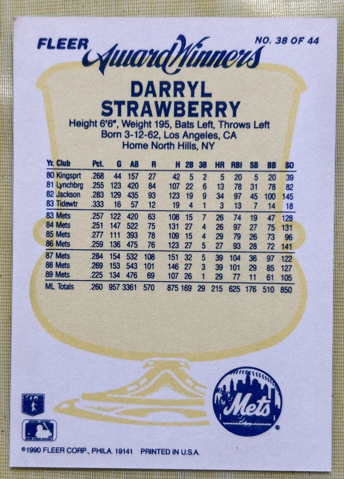1990 Fleer Award Winners Darryl Strawberry Baseball Card #38 Mets HOF High-Grade - Image 3 of 4