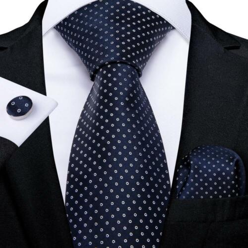 Wedding Mens Tie Navy Blue Polka Dot Silk Tie Set New White Spot Hanky Cufflinks - Picture 1 of 5