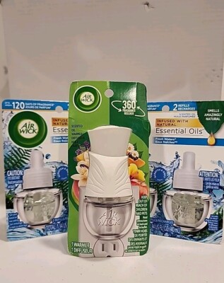 (2) Air Wick Fresh Waters Scented Oil Refills 2 Packs & 1 Air Wick Plug