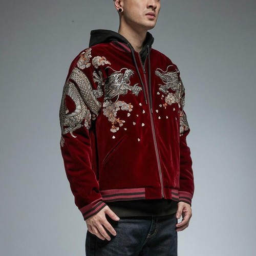 Mens Souvenir Bomber Jacket Japanese Pattern Embroidery Sukajan Velvet Dragon - Picture 4 of 11