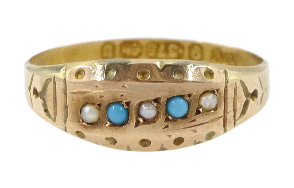 Victorian 9ct gold Pearl & Turquoise ring, Antique jewellery, UK size O-P - Image 3 of 4