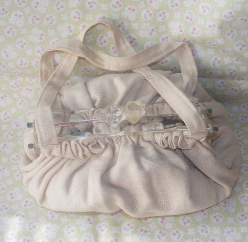 40s Purse Lucite & Linen Pouch Bag WWII War Years Cream Double Handle Vintage - Picture 2 of 17