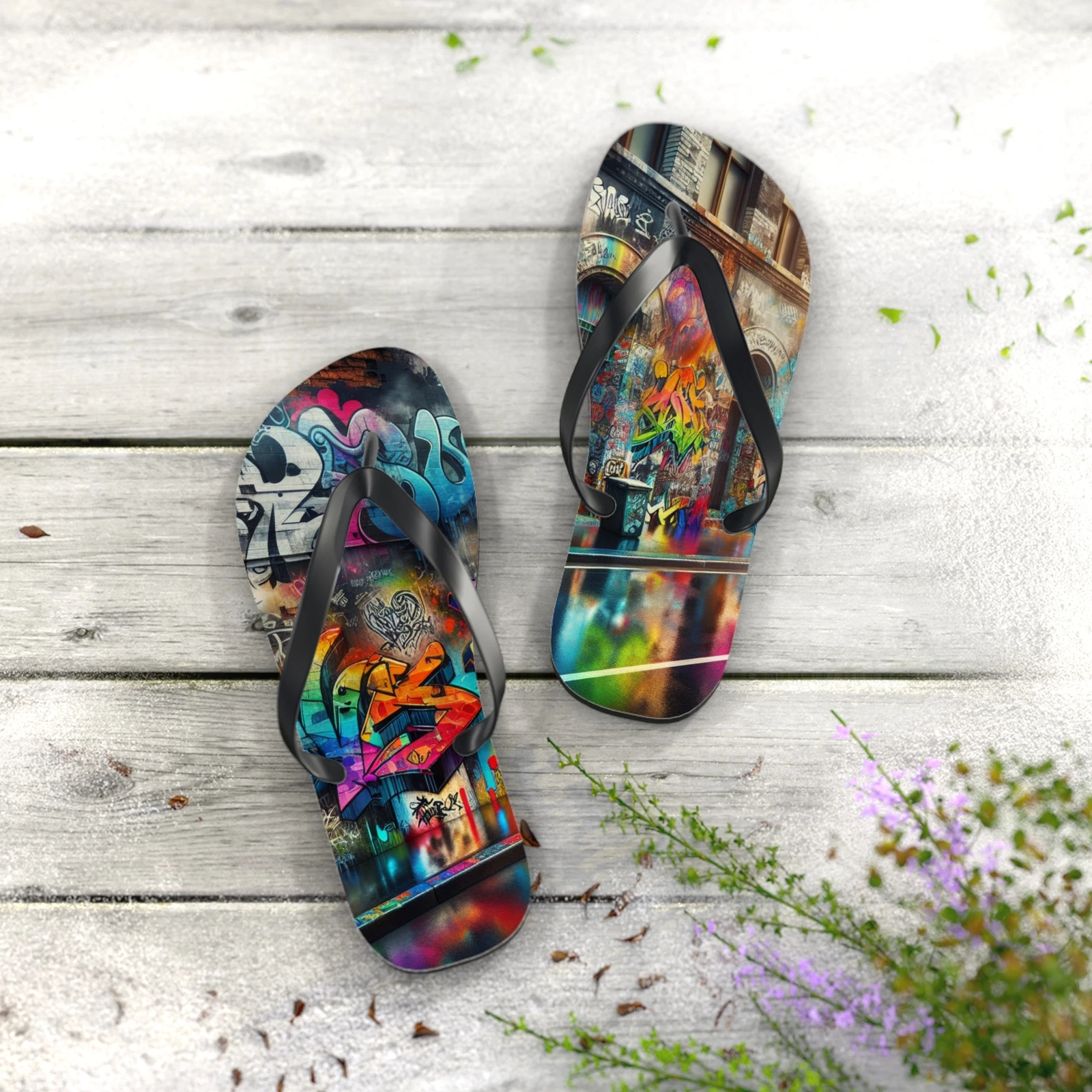 Urban Graffiti Flip Flops, Trendy Summer Sandals for Beach, Vacation, Gifts
