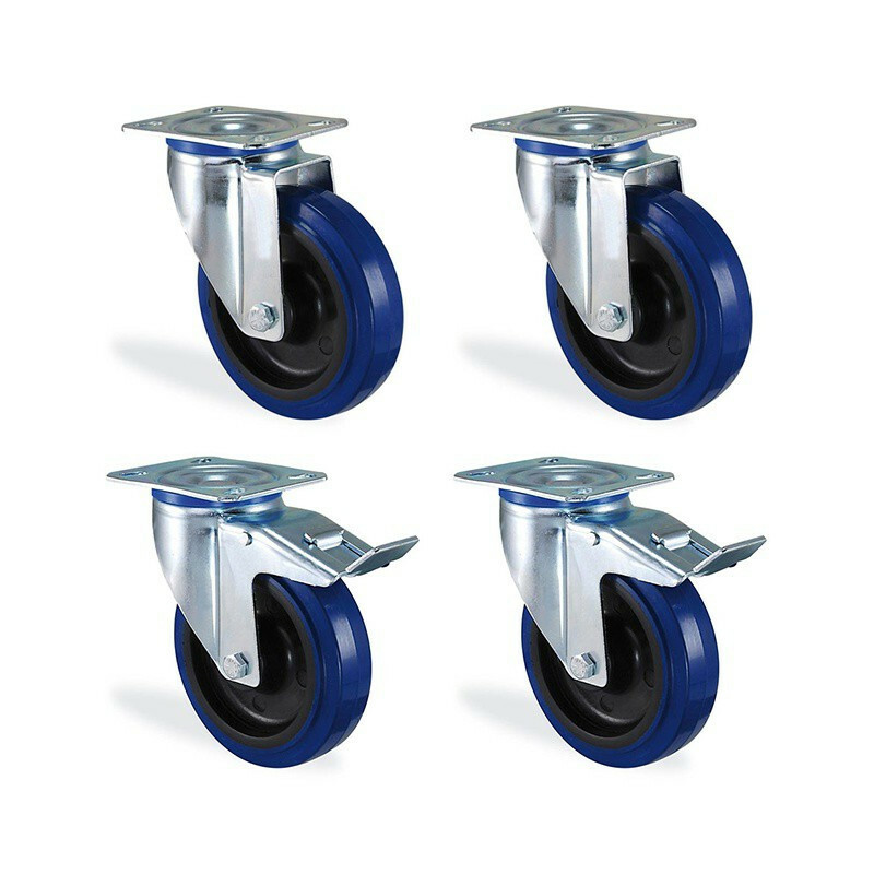 Roulette pivotante à frein caoutchouc élastique bleu charge lourde 125mm pour chariot