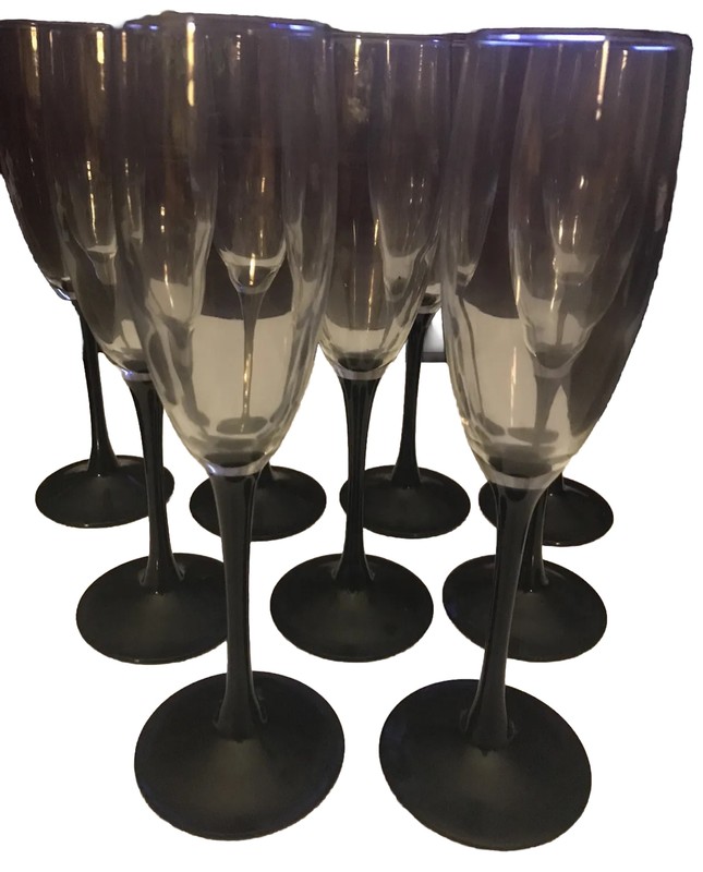 VINTAGE Black Stem Glasses-Champagne Flutes Set of 10 Long Stem Pre-owned.