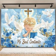 Blue Flower Cute Angel God Bless Background for Boy Gold Grail Cross Party De...