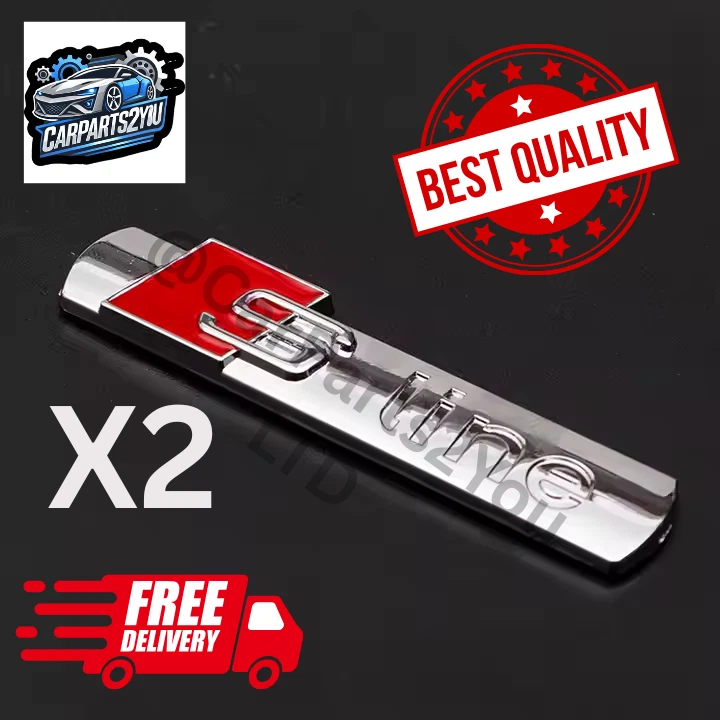 AUDI S-LINE WING Metal Chrome Metal Silver Emblem Badge X2 + STICKY PADS X2