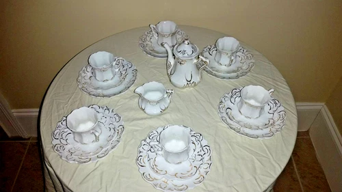 21 Piece Unmarked Demitasse Cup Saucer Plate Set - Six Settings Gold Trim Design