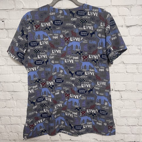 Scrub Top Size M Swiss Cross Dogs Cats Stretch Blue Gray - Picture 5 of 6