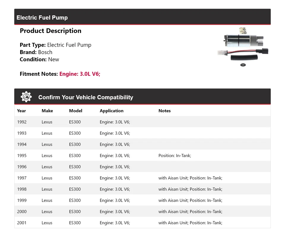 Bomba de combustible eléctrica Bosch 3,0 L V6 1993 1994 1995 1996 para Lexus ES300 1992-2001 Foto 2 de 4