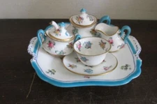 Crown Staffordshire England Porcelain Miniature Tea Set Tray Turquoise Blue Rose