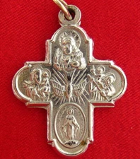 FOUR WAY CROSS Medal JESUS MARY JOSEPH ST CHRISTOPHER Catholic Silvertone Medal