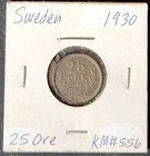 1930 Sweden 25 Ore Silver Coin