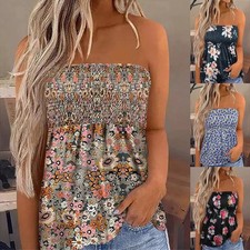 Womens Floral Boob Tube Summer Strapless Cami Top Stretch TEE T Shirts Vest SIZE