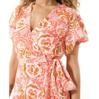 Tanya Taylor Womens Blaire Faux Wrap Flutter Sleeve Midi Dress Guava Multi Sz 20