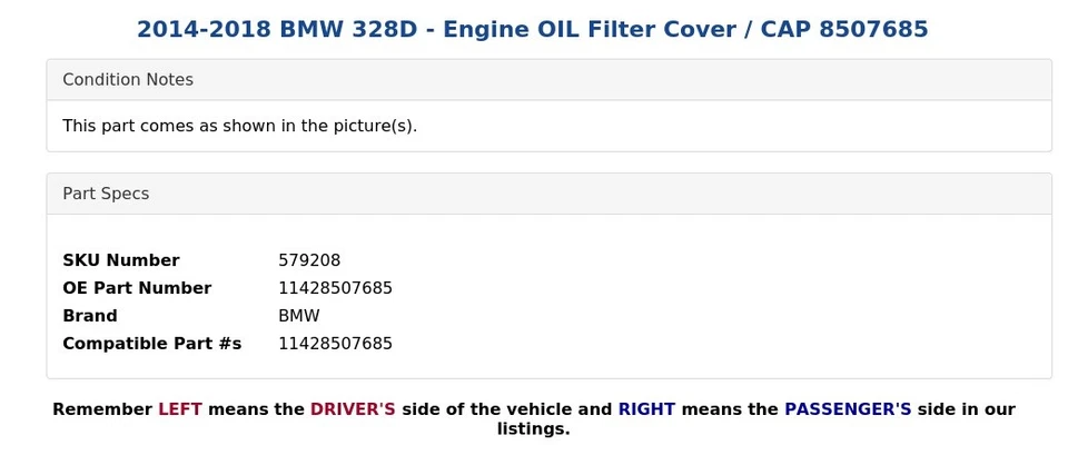 BMW 328D 2014-2018 - Cubierta de filtro de aceite del motor / tapa 8507685 Foto 4 de 4