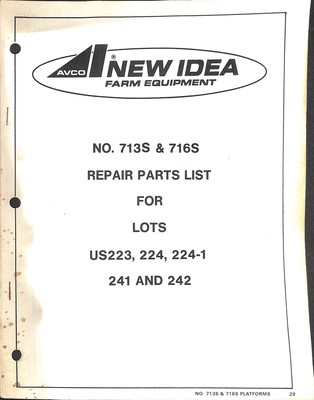 AVCO New Idea No. 713S & 716S Repair Parts List for US223 224 241 242