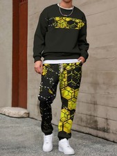 Men'S Plus Size Long Sleeve  Pants Two-Piece Set - High-Stretch Fabric with  Y