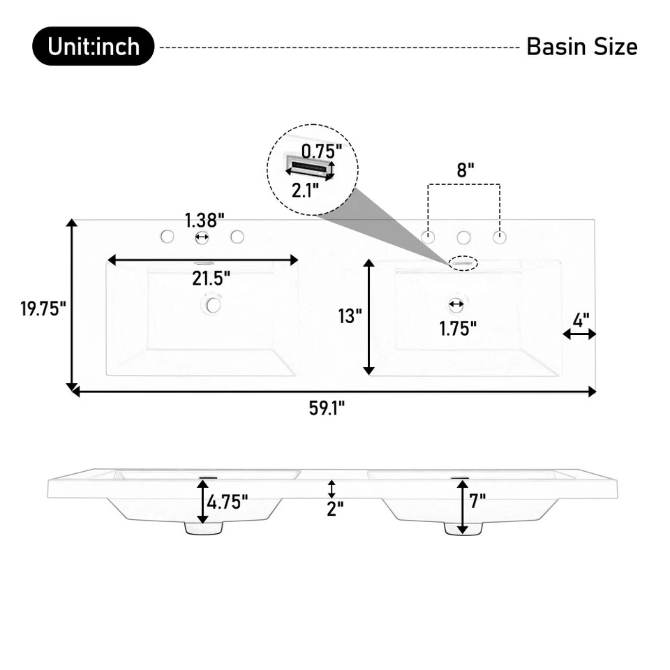Lavabo de resina de 60 pulgadas para tocador de baño con fregaderos dobles rectangulares de montaje inferior Foto 4 de 4