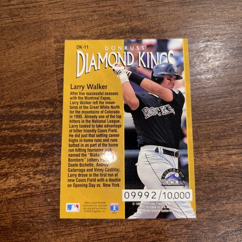 1996 DONRUSS LARRY WALKER DIAMOND KINGS #D 09992/10000 ROCKIES HOF - Picture 3 of 3