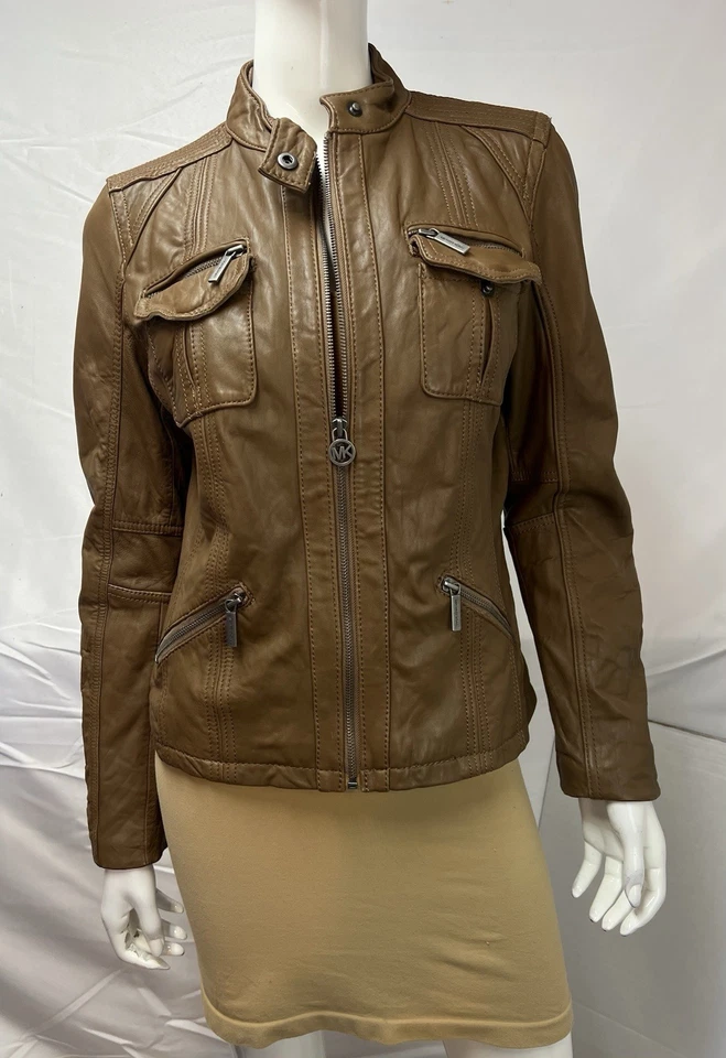 Chaqueta de motociclista Michael Kors grande marrón cuero genuino piel de cordero para mujer Foto 4 de 4