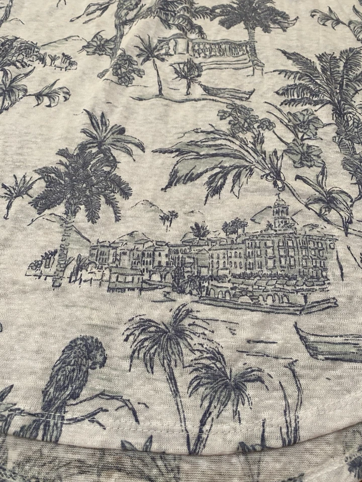 Joie Blue and White Tropical Print Linen Relaxed Fit Cap Sleeve Tee Shirt NWT - Image 4 of 4