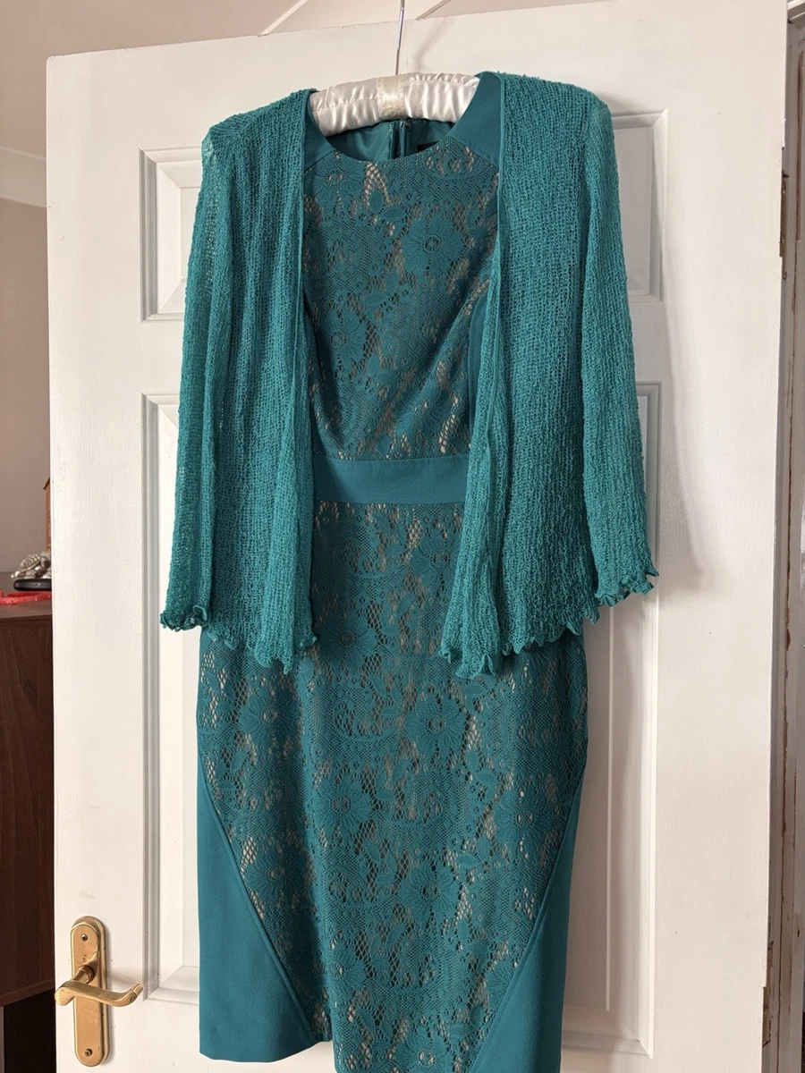 Vestido Adrianna Papell Verde Azulado Floral Encaje Cuello Redondo Manga Larga Rodilla Reino Unido 10