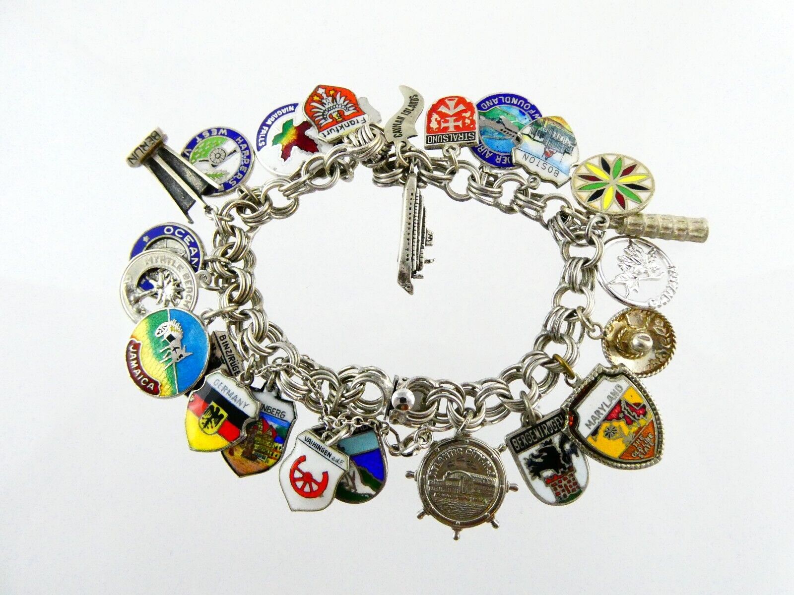 Vintage Sterling Silver World Traveler Charm Bracelet 925 800 25 Charms 6.5 Inch