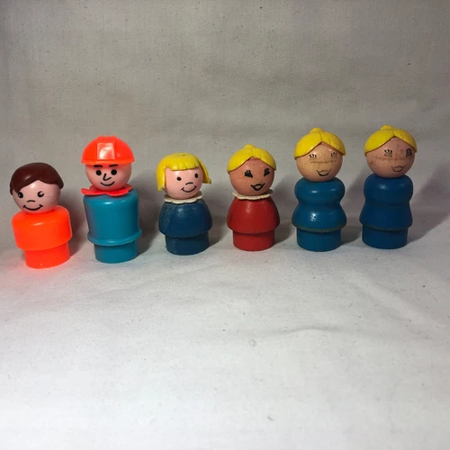 Vintage Fisher Price Little People 6 Figures Wooden Head Body Woman Girl Plastic