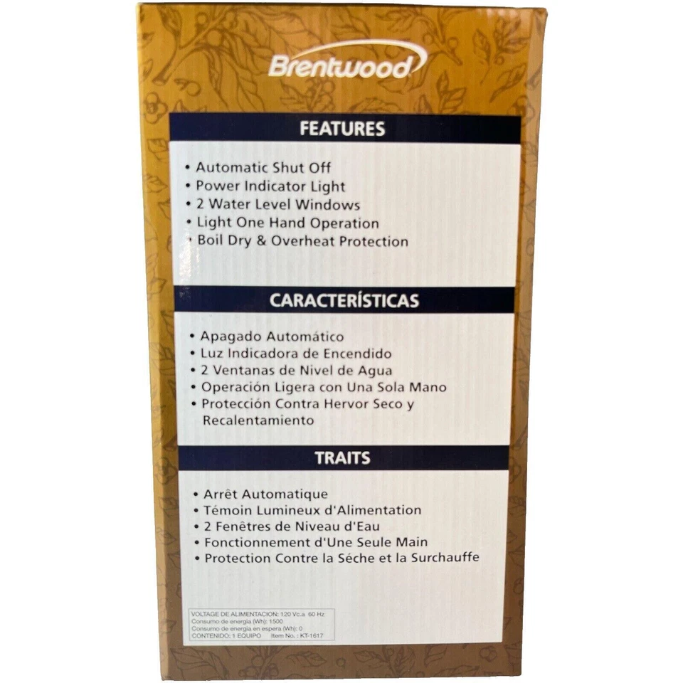 Tetera de plástico inalámbrica Brentwood Appliances 1,7 L KT-1617 Foto 3 de 3