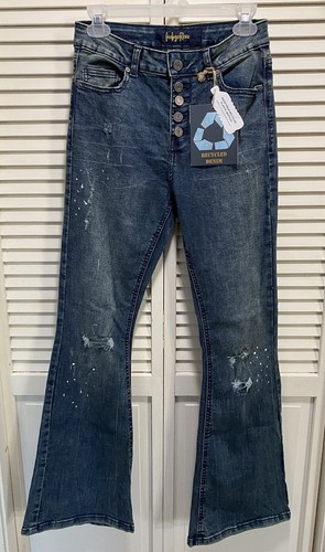 Indigo Rein Size 7/27 Mid Rise Flare Bell Bottom Jeans Dark Wash Button Fly