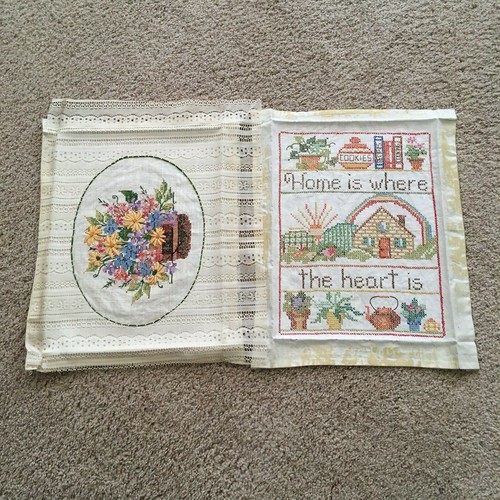 2 Vintage Unframed Hand Embroidered Cross Stitch Pictures Floral Home Heart READ