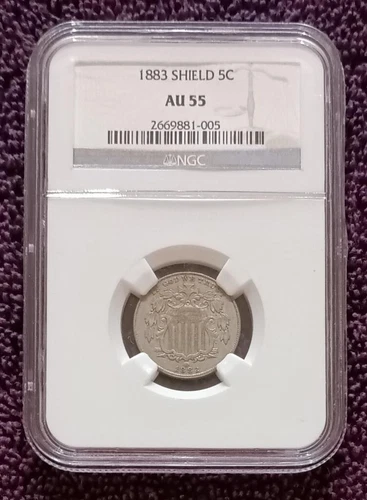 1883 Shield Nickel, last year issue, NGC AU55