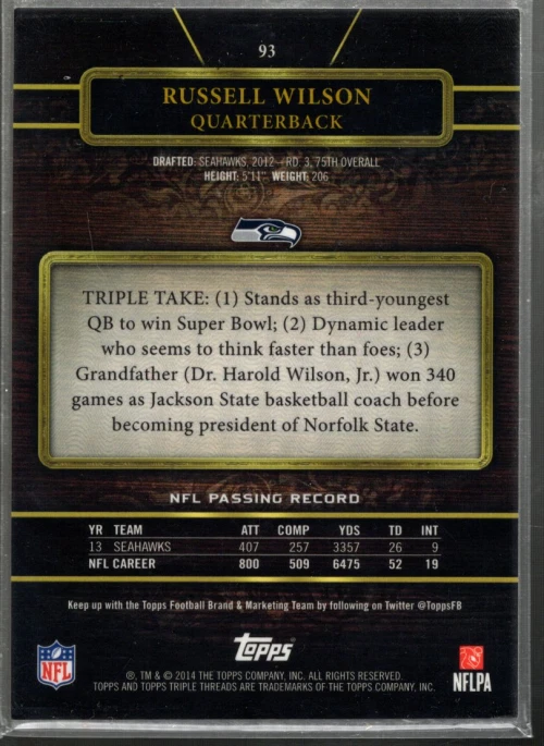 B3198- 2014 Topps Triple Threads Purple #93 Russell Wilson /399 - NM-MT - Image 2 of 2