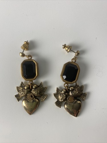 "Pendientes colgantes vintage con corazón de rubí de agapornis tono dorado 4""" - Imagen 1 de 6