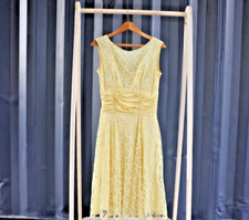 Vintage 50s 60s BUTTER  YELLOW Chiffon Lace Party Midi Dress Handmade Womens S