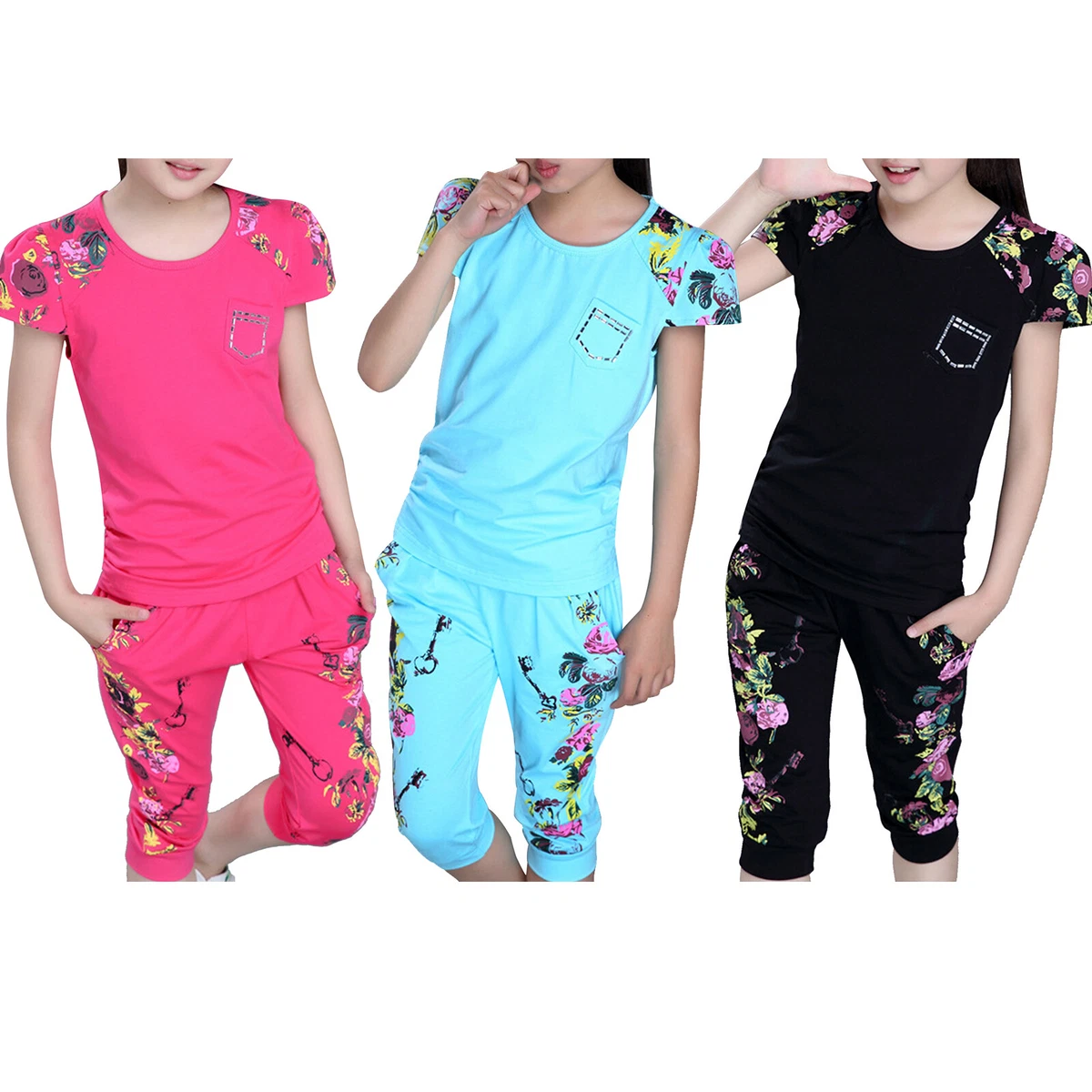 Girls Flower Pattern Sport Outfits T-shirt Long Pants Pockets Set Summer  Clothes