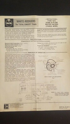 White Rogers Type 1311 Zone-A -Flow Water Valves Instruction Installation Sheet