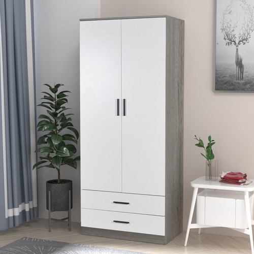 Tall Wooden 2 Door Wardrobe With 2 Drawers Bedroom Storage Hanging Bar Clothes - Picture 112 of 161