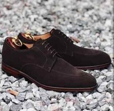 Handmade Genuine Suede Brown Leather Formal Derby Lace Up Dress Shoes For Men