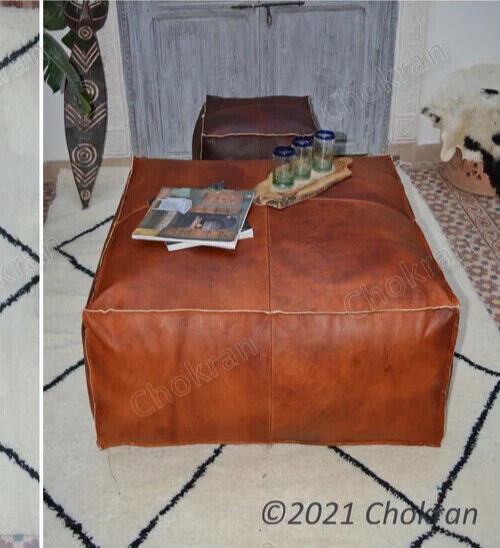 Genuine Ottoman Pouffe Leather New Brown Wounderful Boho Unstuffed Square