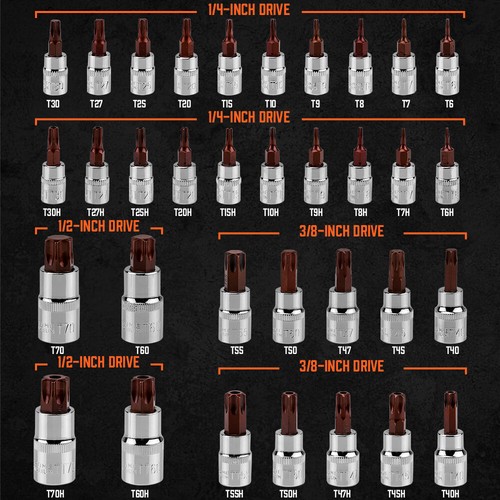 Juego de 34 piezas de enchufes de brocas Torx Premium S2 aleación de acero a prueba de manipulaciones estrella sólida T6-T70 - Imagen 3 de 10