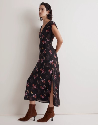 Madewell NWT Wide V-Neck Midi Dress Floral Print in Black Size 6 - Picture 3 of 12
