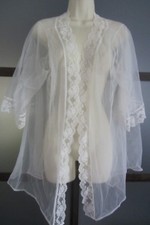 Vintage Lingerie Sheer Lace Trim Kimono Robe White Bridal Medium
