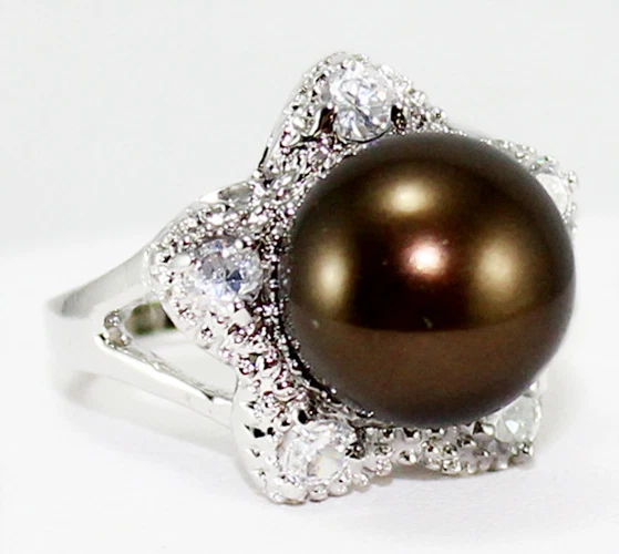 Encantador! Anillo redondo de circón con incrustaciones de cuentas de piedras preciosas con con concha del mar del Sur de 12 mm AAA Foto 3 de 4